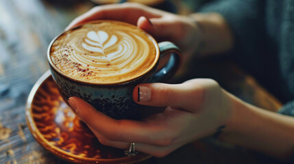 A woman hand holding a cup of latte coffee before drinking it