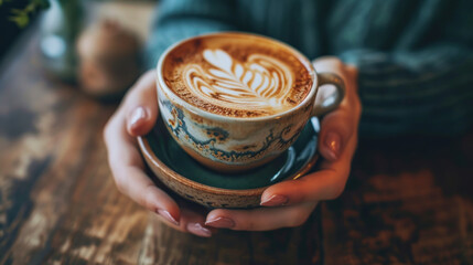 A woman hand holding a cup of latte coffee before drinking it