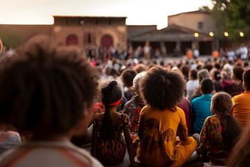 Wall Mural - Focus on Back view afro Americans adults and children watching on the scene with arranged cultural Performance with music and theater made by afro American artists to celebrate Black history month.