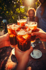 Group of people holding cocktails with ice on nature background