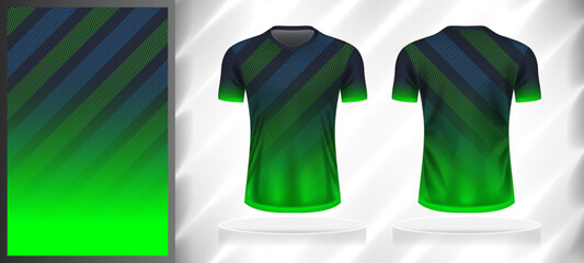 Vector sport pattern design template for V-neck T-shirt front and back with short sleeve view mockup. Dark and light shades of blue-green color gradient abstract geometric line texture background.
