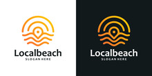 Pin Location Logo Design Template With Wave Logo And And The Sun With An Abstract Line Model Graphic Design Vector. Symbol, Icon, Creative.