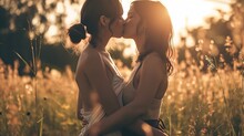 Two Beautiful Lesbian Women Kissing, Very Hot Summer Day, Romantic Background, Valentine's Day