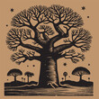 Baobab tree. Vintage retro engraving illustration. Black icon, isolated element	