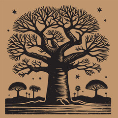 Baobab tree. Vintage retro engraving illustration. Black icon, isolated element	