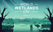 World Wetlands Day design. It features a lake with plant and animal. Vector illustration