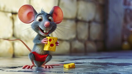 Wall Mural -  a mouse with a piece of cheese in it's hand and a piece of cheese in the other hand.