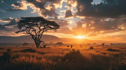  the sun is setting over a field with a tree in the foreground and a mountain range in the background.