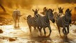  a group of zebras running through a body of water in front of a group of other zebras in the background.