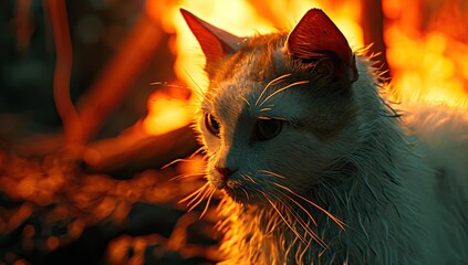 Wall Mural -  a white cat sitting in front of a fire with a red hat on it's head and whiskers on it's ears.