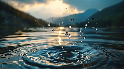 Poster -  a large body of water with a bunch of drops of water on the surface of the water and mountains in the background.