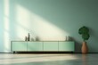 A table cabinet graces a modern mint empty room with minimal designs, contributing to the overall aesthetic of the space
