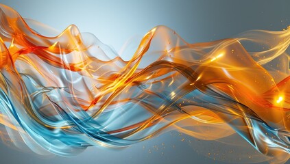 Wall Mural -  a blue, orange, and yellow abstract wave on a light blue background with a gold star in the middle of the wave.