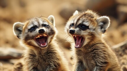 Wall Mural -  two baby raccoons standing next to each other with their mouths open and their mouths wide open with their mouths wide open.