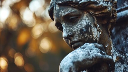 Sticker -  a close up of a statue of a person with a hand on his face and a tree in the background.