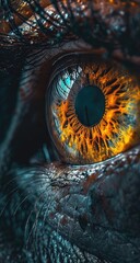 Wall Mural -  a close up of the iris of an owl's eye with bright yellow and orange highlights on the iris of the owl's eye.