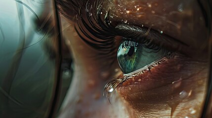 Wall Mural -  a close up of a person's eye with drops of water on the outside of the iris's eye.