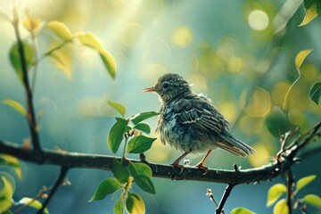 Wall Mural -  a small bird perched on a branch of a tree with green leaves and sunlight shining through the leaves of the tree.