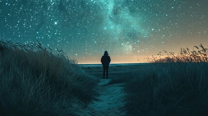 Poster -  a person standing in the middle of a field under a night sky filled with stars and a star filled sky.