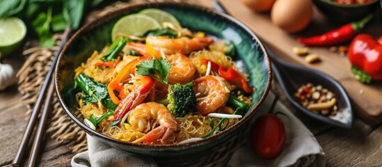 Wall Mural - Traditional Thai dish of fried rice vermicelli with shrimp, vegetables, egg, and fragrant sauce, commonly found at local Thai eateries and street food stalls.