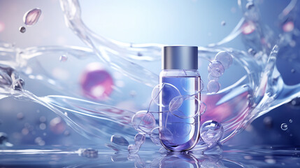 Molecular Magic  Cosmetic Essence with Liquid Bubbles and Molecules in a 3D DNA Water Splash Background