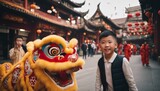 potrait Chinese family with a lion dance in china town