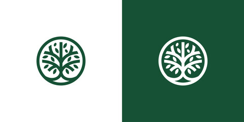 line art nature logo vector design oak tree inside circle, abstract tree logo symbol inside circle	