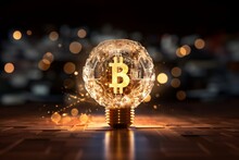 Bitcoin Sign Glowing In A Lightbulb With Bokeh Background. Invention Crypto Currency Concept. Cyberspace Banking Technology Blockchain Idea Solution Theme.