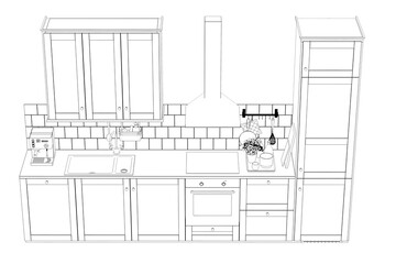 Wall Mural - Kitchen interior furniture isolated on a white background, outline illustration, sketch