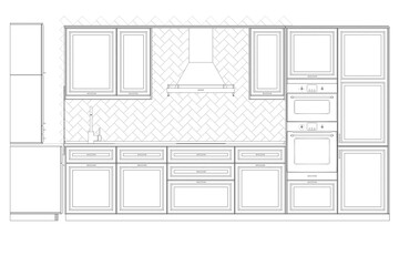 Wall Mural - Kitchen interior furniture isolated on a white background, outline illustration, sketch