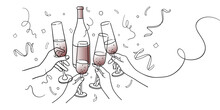 Continuous Line Red Champagne Cheers One Line Art, Continuous Drawing Contour On White Background. 4 Wine Glasses With Drinks. Cheers Toast Festive Decoration For Holidays. Vector Illustration