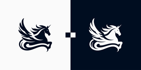 Wall Mural - Pegasus horse logo Pegasus Skyline vector design inspiration, Monochrome Emblem of Running Pegasus isolated on white, Vector image of a silhouette of a mythical creature of Pegasus