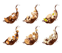 Set Of Various Crushed Nuts In Chocolate Splashes Isolated On A White Background