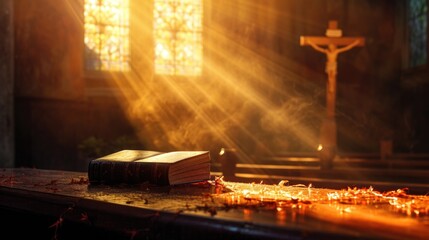 Wall Mural - Church bright light background with holy bible and the cross of salvation of Jesus Christ