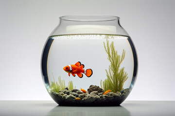Clown fish in fish tank on white background. Generative AI