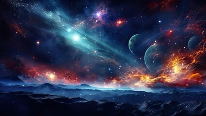 Wall Mural - galaxy and nebula. flying over the blue planet. abstract space background. endless universe with sta
