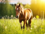 Fototapeta Konie - A brown horse in a field illuminated by the rays of the sun. A wild animal in nature in summer. Close-up.