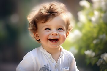 Wall Mural - The face of a happy, laughing boy of 4 years old. Close-up. Portrait. A joyful child in a white shirt on the street.