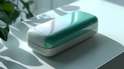 Poster - AI generated illustration of a green and white hard shell case resting on a wooden table top