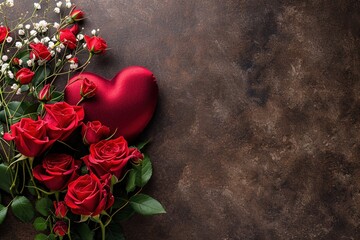 Wall Mural - Red roses flowers with red hearts on old wooden background with place for text. 