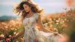 Beautiful woman in summer dress enjoys life in beautiful flower field