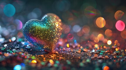 Wall Mural -  a heart shaped ornament sitting on top of a table covered in multicolored glitter and confetti.