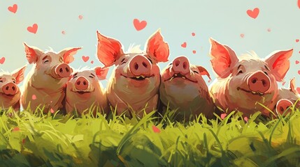 Sticker -  a group of pigs standing next to each other on top of a lush green field with hearts in the sky.