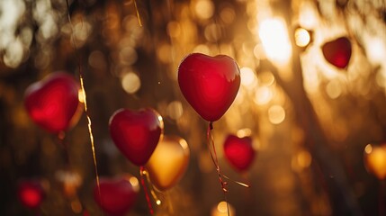 Poster -  a close up of a bunch of red hearts hanging from a string on a tree with the sun shining in the background.