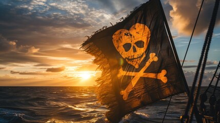 Wall Mural -  a pirate flag with a skull and crossbones on it on the deck of a ship in the ocean.