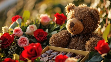 Wall Mural -  a  bear sitting next to a bouquet of roses and a box of chocolates with roses in the background. 