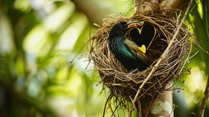 Poster -  a bird sitting on top of a nest in a tree next to a green leaf filled tree with lots of branches.