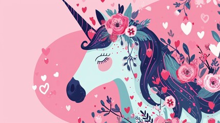 Poster -  a picture of a unicorn with a flower crown on it's head, surrounded by hearts and flowers, on a pink background.