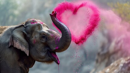 Canvas Print -  an elephant with its trunk in the air and its trunk in the air with pink powder coming out of its trunk.