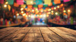 Empty wooden table with Mexican party background, bokeh lights, space for product